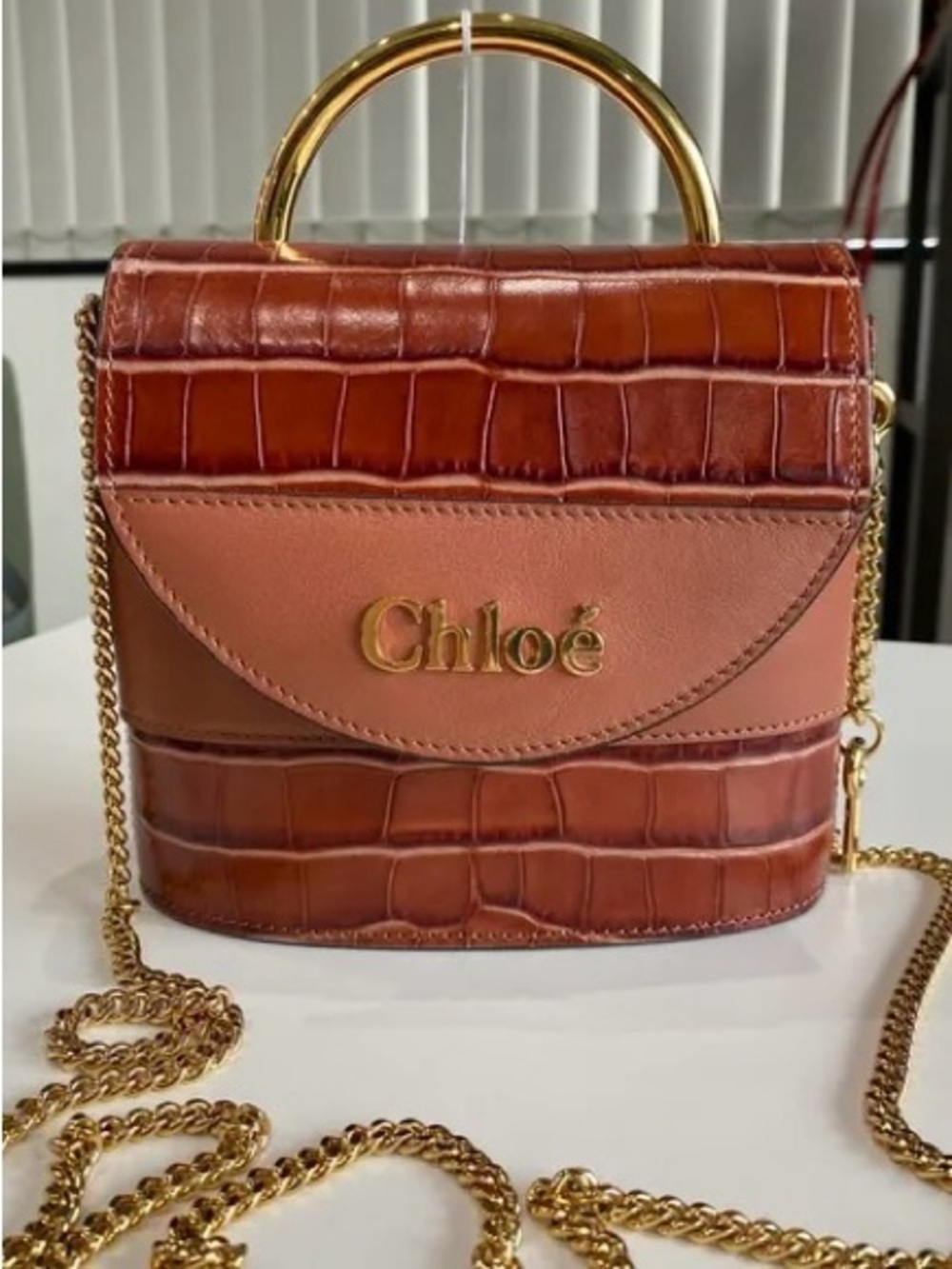 Chloé Small Aby Lock Bag crafted in brown embossed crocodile-effect